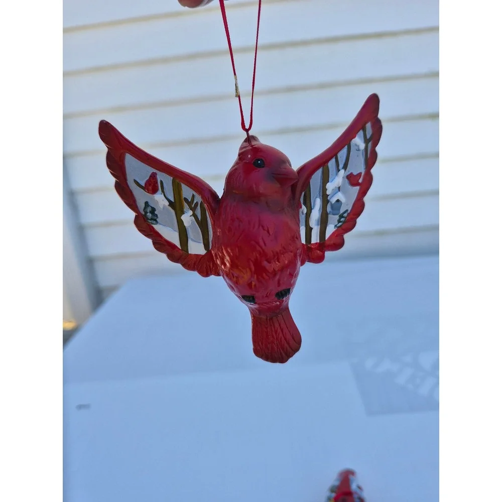 Red Cardinal Christmas Ornaments Set of 2 Winter Scene Hand Painted Bird Decor